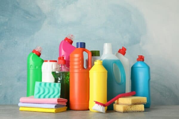 household Chemicals Bottles with detergent and cleaning supplies